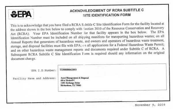 Acknowledgment of RCRA Subtitle C - Site Identification Form
